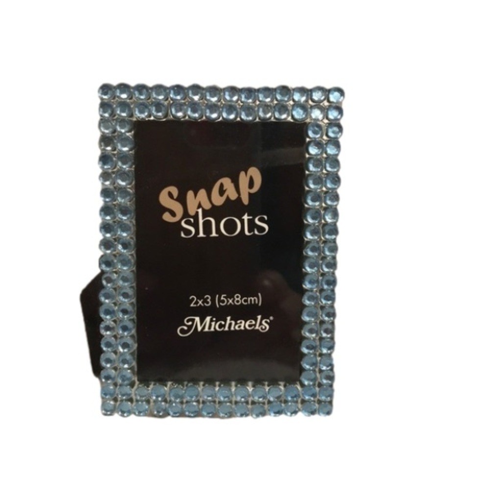 Snap Shots Clear Glass Blue Bedazzled Picture Frame Holds 2” x 3” Photo NWT